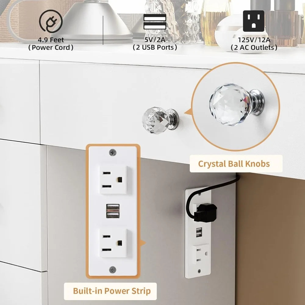 Illuminated Vanity Desk with Power Outlet, 9 drawers, 3-Color Light Modes, Adjustable Brightness, 43" tabletop