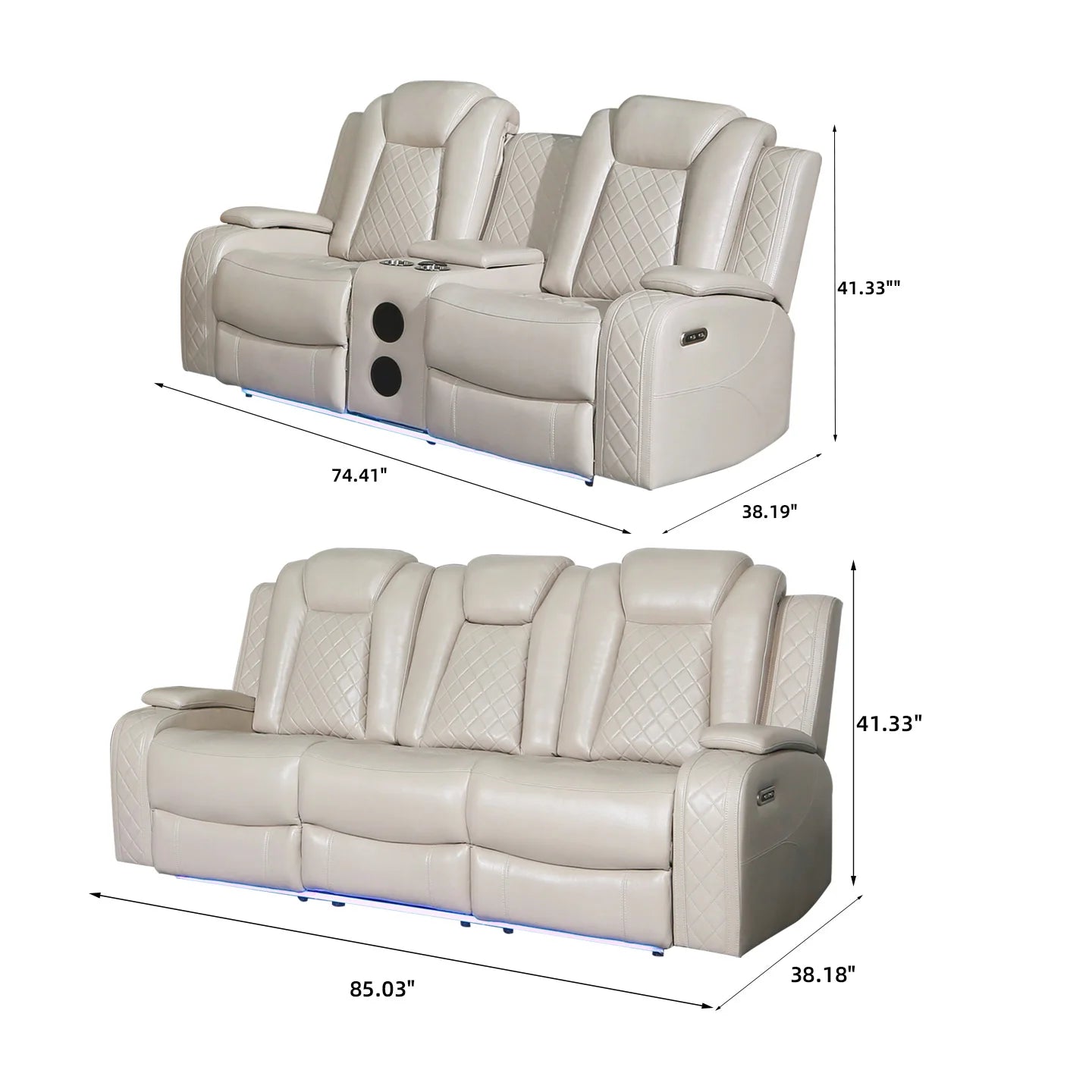 Power Reclining Sofa Couch with Wireless Charger/ 3 Seater Recliner/Reading Light Leather/ Bluetooth Speaker/ Theater Seating LED