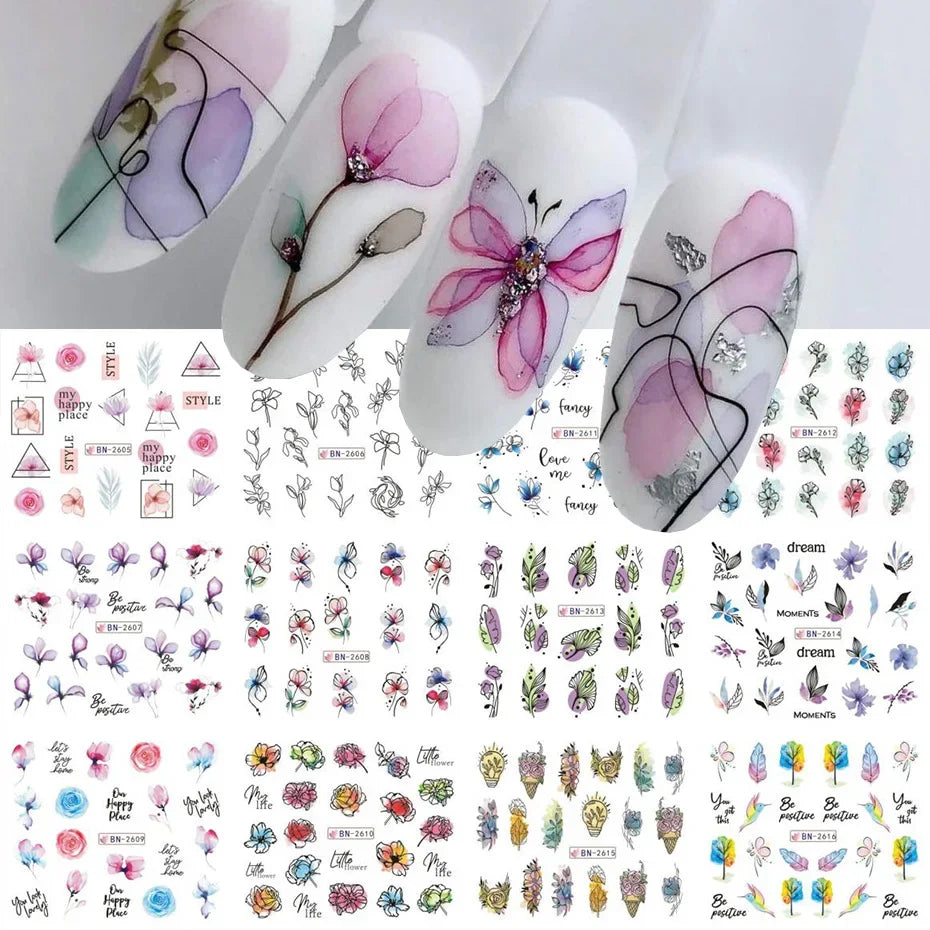 12 Pcs Summer Ink Blooming Flowers Nail Art Stickers, Water Decal Leaves /Graffiti Slider Nail Decoration