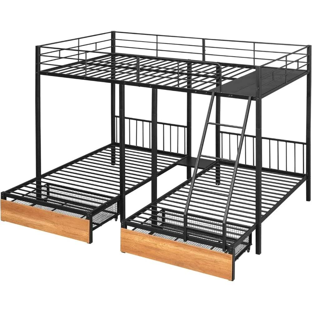 Sturdy Metal Triple Deck Bunk Bed, Full-Size Top with Twin Beds Below, Storage Drawers Included, 3-Bed Configuration/Convertible