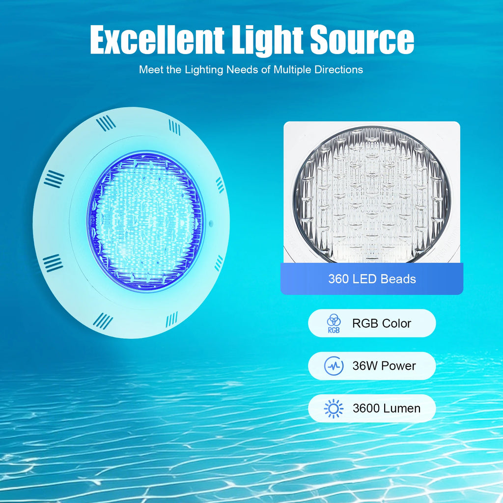 45W & 36W RGB LED Pool Light IP68 Waterproof 460/360 LEDs 2500/3600lm Remote Control for Swimming Pool/ Fountain/ Pond