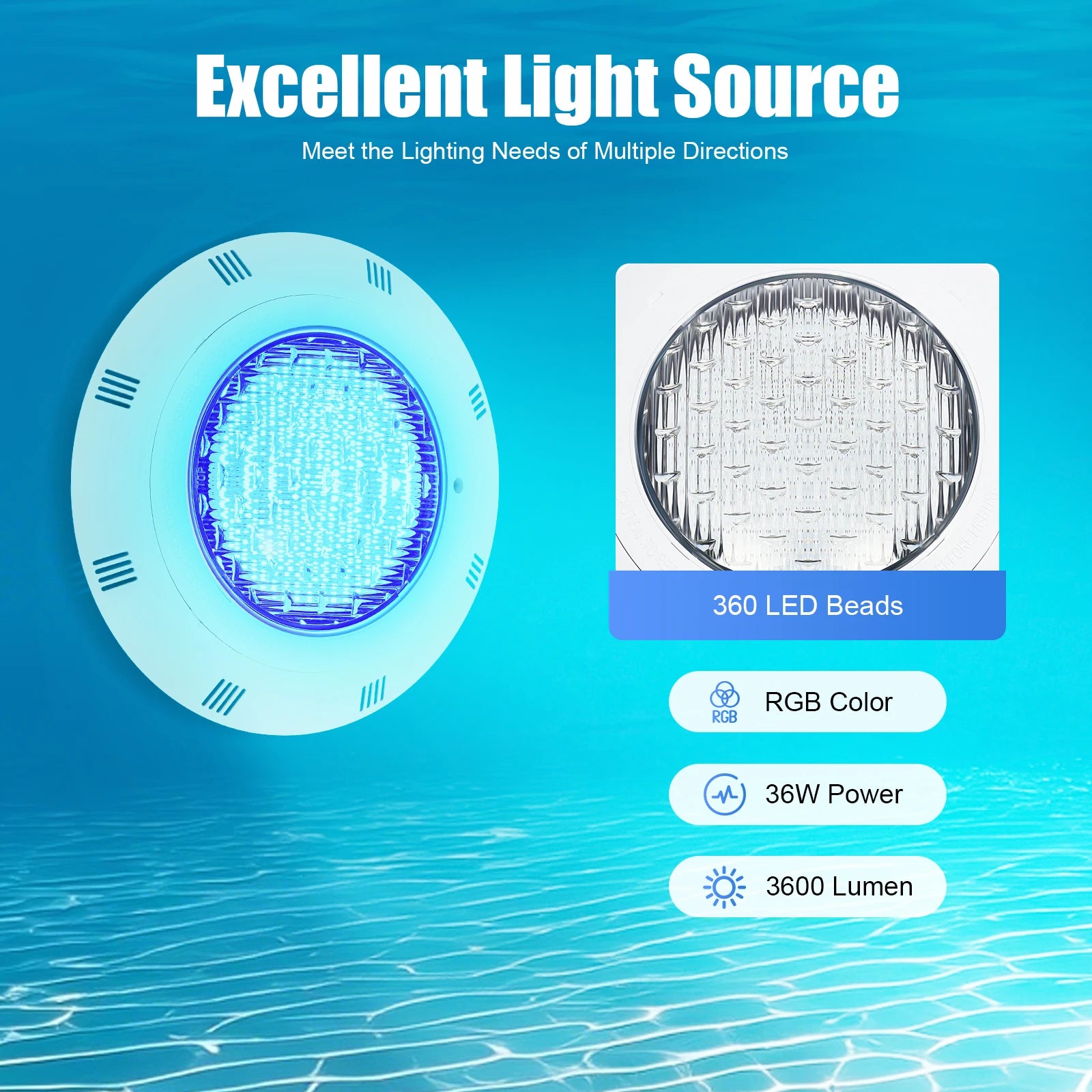 45W & 36W RGB LED Pool Light IP68 Waterproof 460/360 LEDs 2500/3600lm Remote Control for Swimming Pool/ Fountain/ Pond