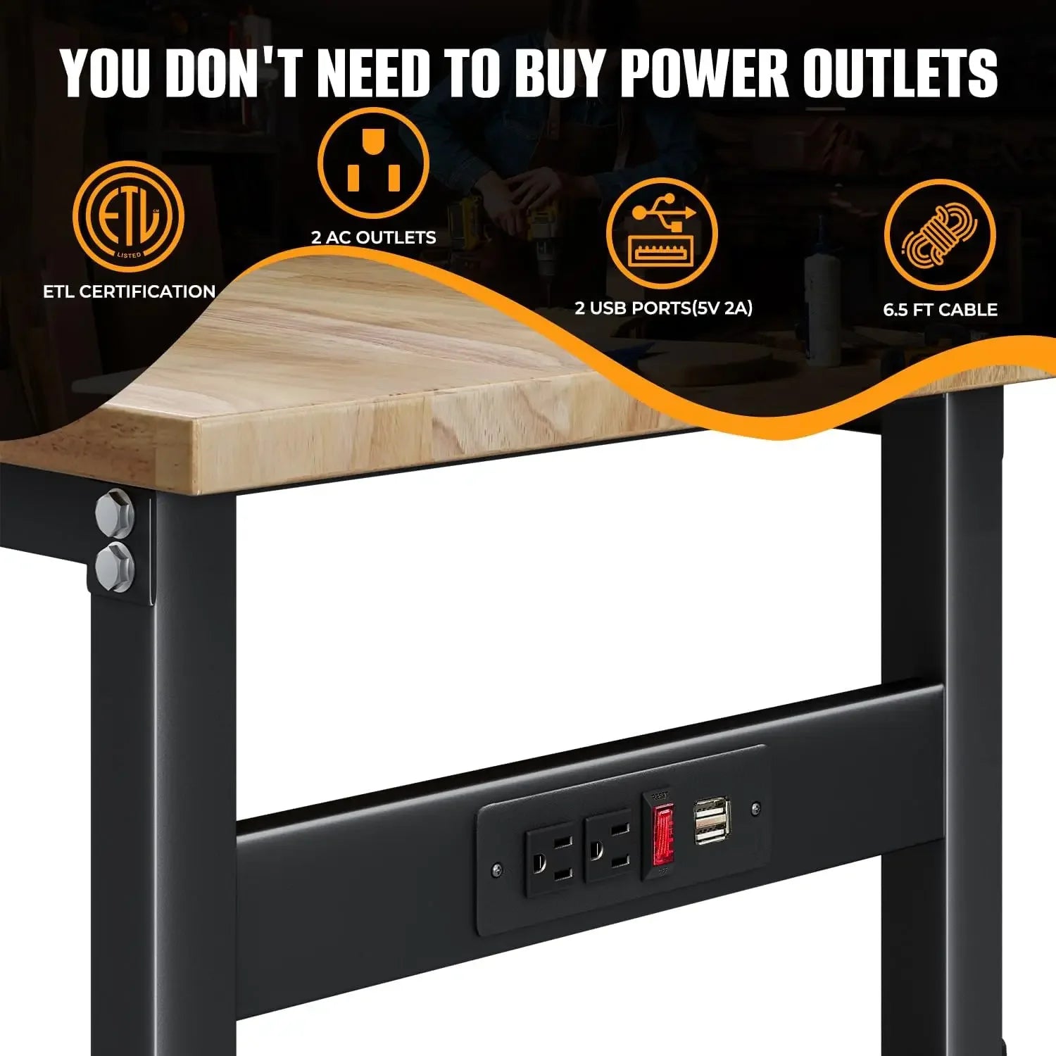 Customizable 48" Adjustable Workbench with Power Outlet, Oak Hardwood Top Heavy Duty Work Bench, Wood Workbench for Garage