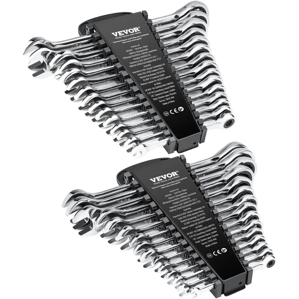 30-Piece Ratcheting Wrench Set with Organizer, Cr-V Steel, SAE 1/4 to 1 and Metric 8mm