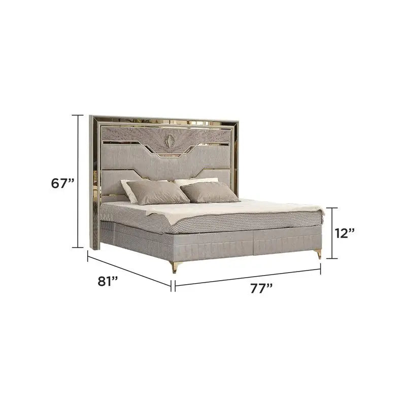 Modern Style 4 Pc King Upholstered Bedroom Set with Wood and Gold Accents in Beige