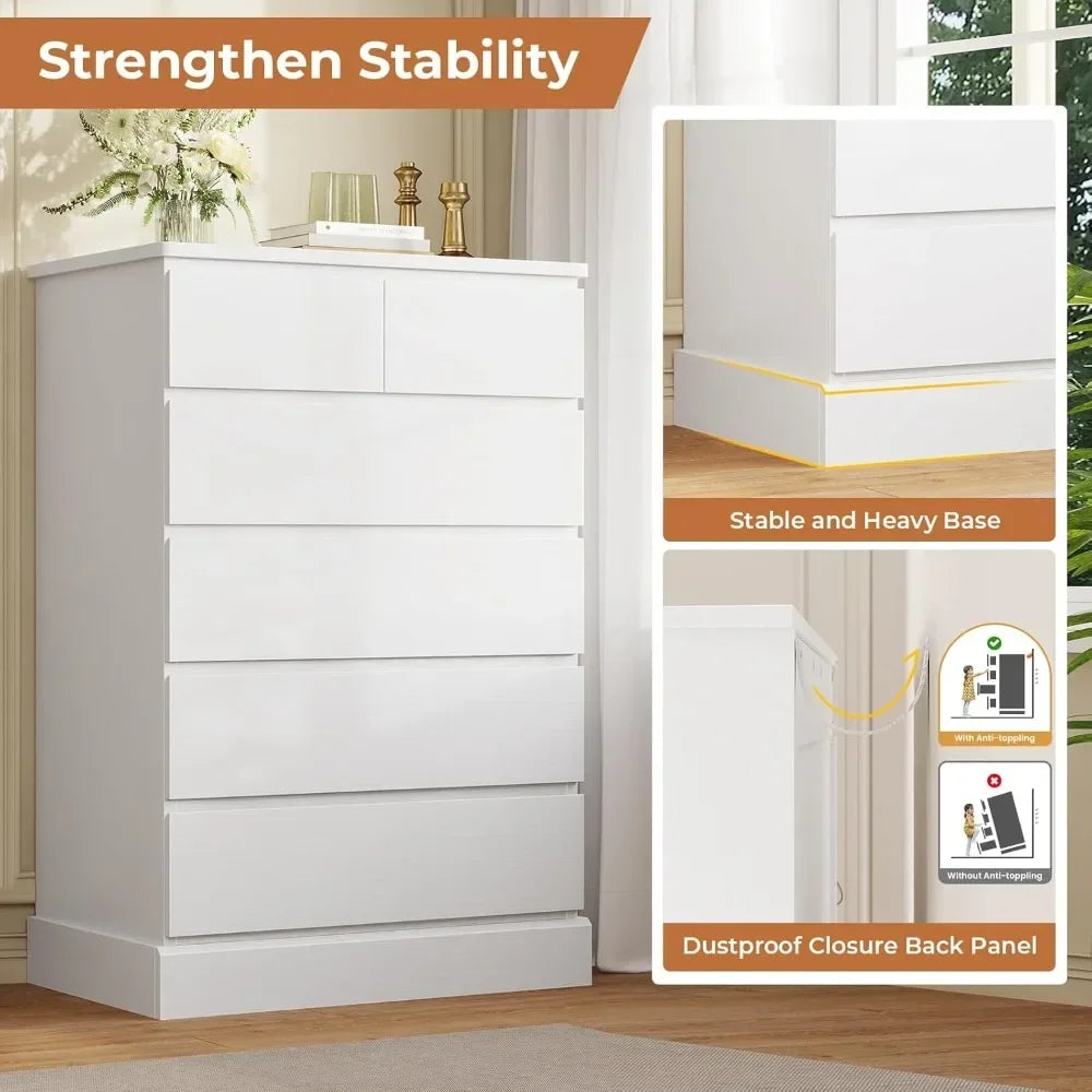 White Tall Dresser with 6 Drawers, 43.9" Tall Dressers & Chests of Drawers, Modern Wood Closet Organizer and Storage