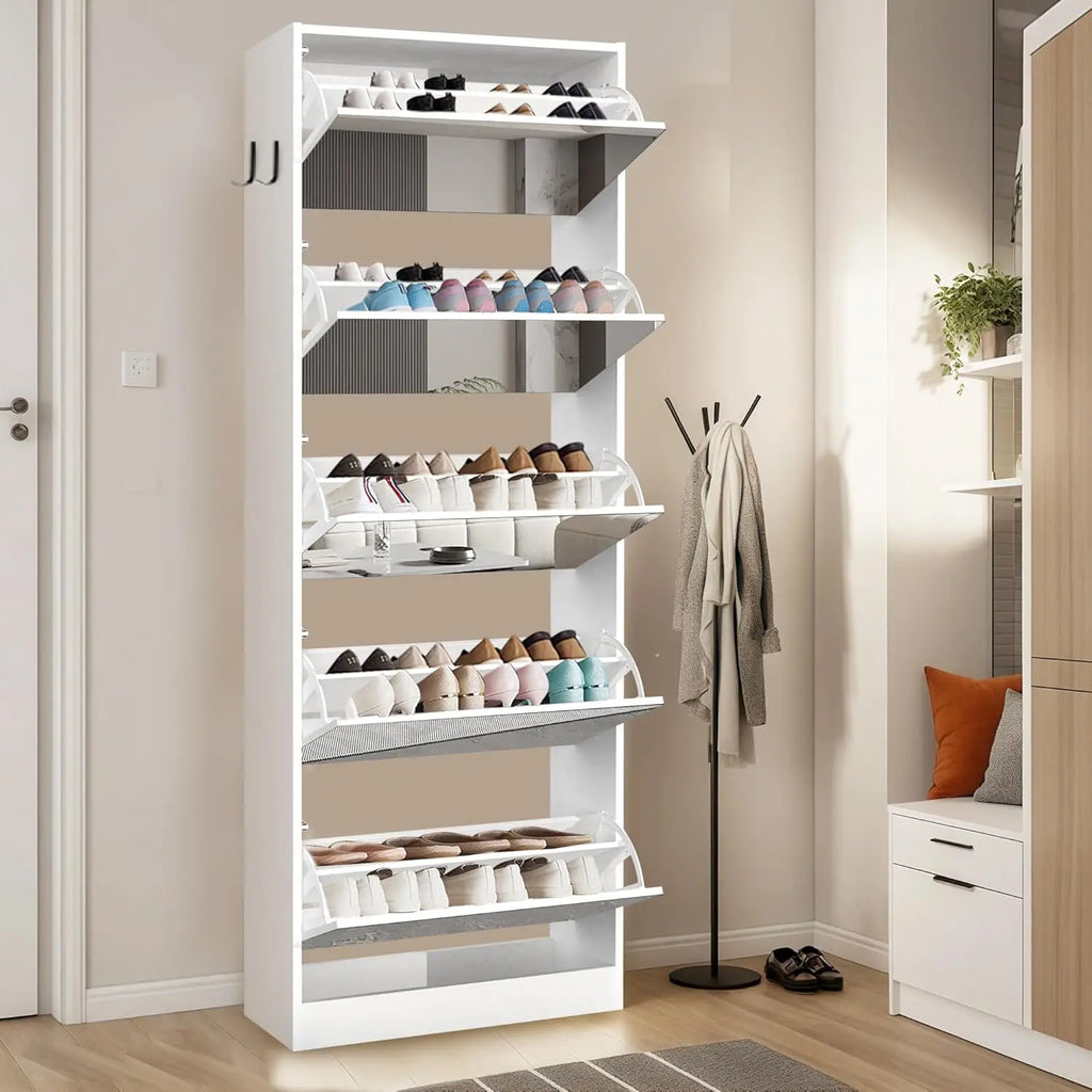 Mirror Shoe Cabinet with Explosion-Proof Glass - 5-Tier Space-Saving Entryway Storage Organizer,Slim Shoe Rack with Flip Drawers