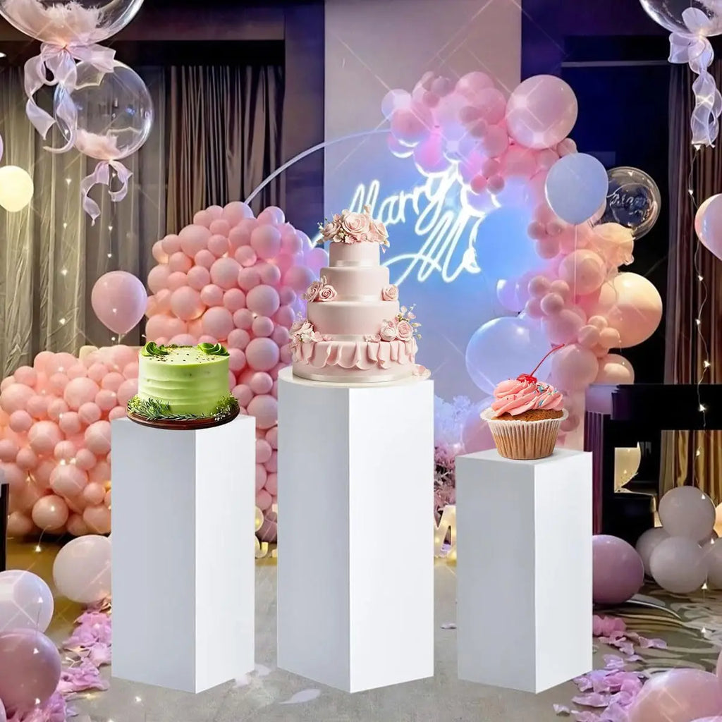 3Pcs White Metal Display Pedestal Stand for Party/ Wedding Sculpture/ Cylindrical Holder for Home/ Garden Decoration