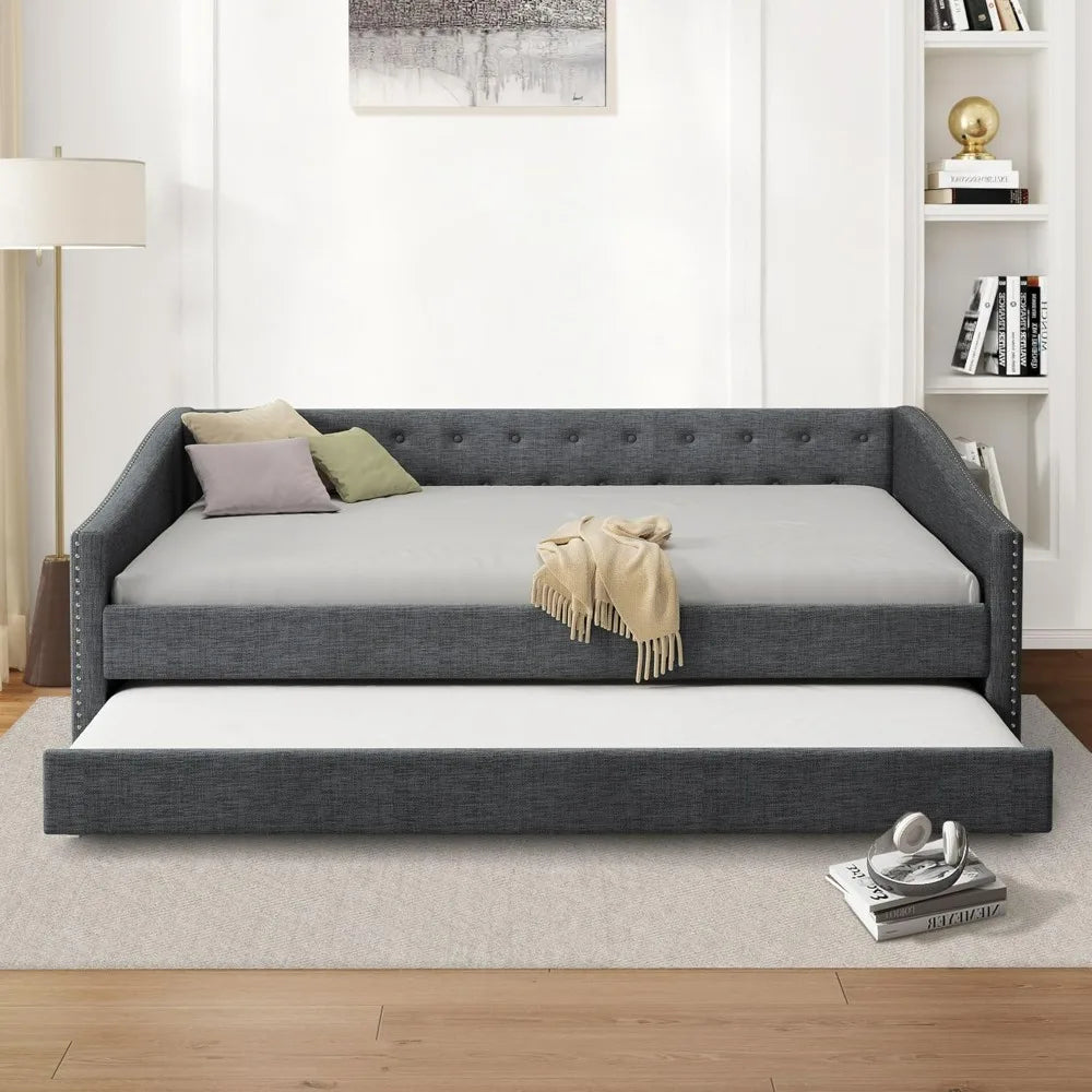 Full-Size Tufted Daybed with Waved Arm Piping and Trundle for Bedroom and Guest Spaces