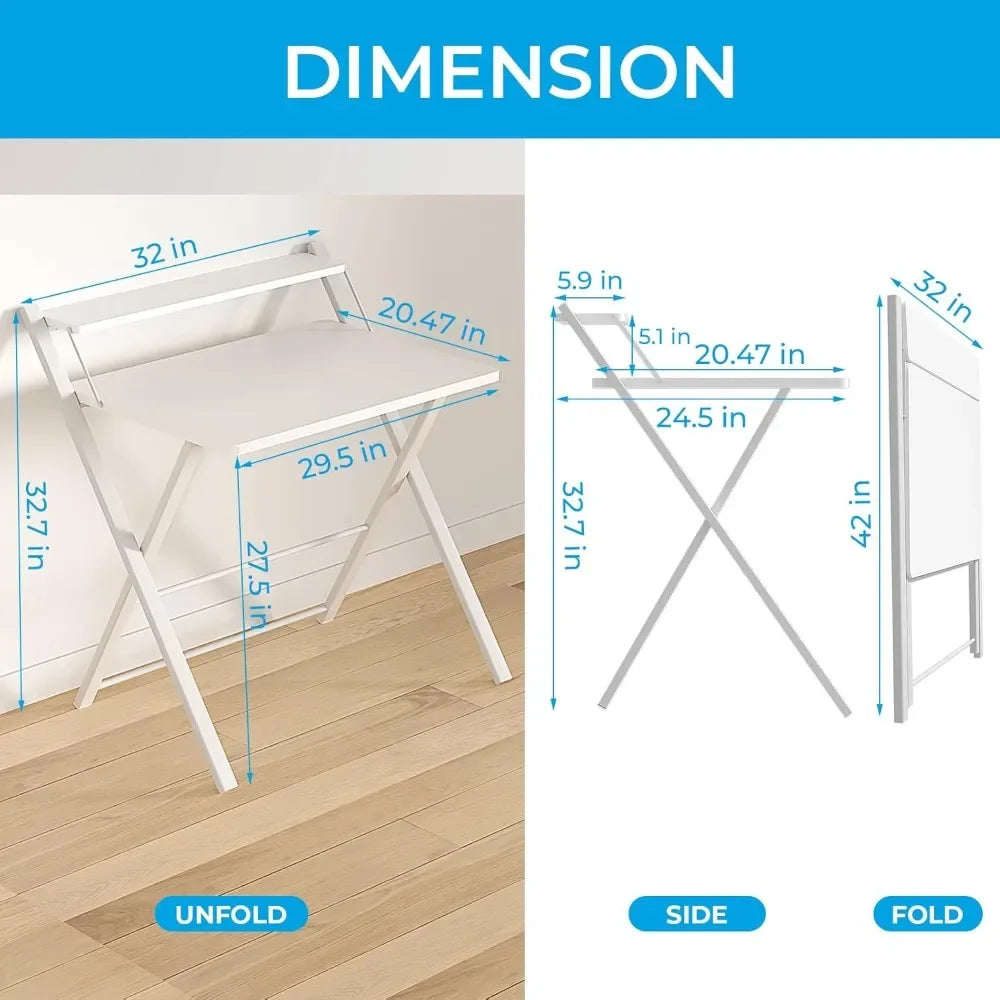 Customizable-Folding Desk/ No Assembly Required/ Large Size 2-Tier Foldable Computer Desk With Shelf For Home Office, Space Saving