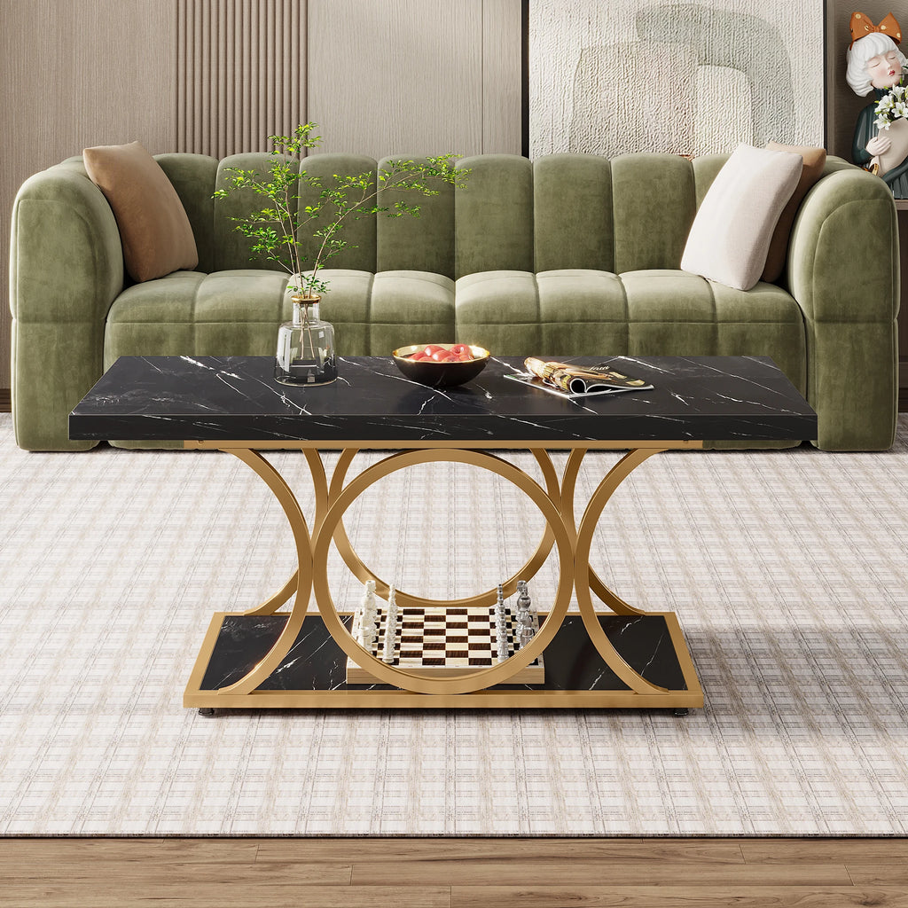 Rectangle Coffee Table, 2-Tier Faux Marble Wood