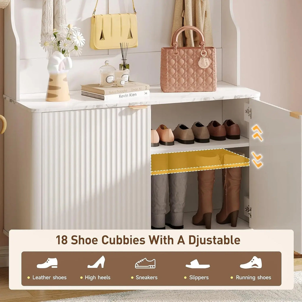 4-in-1 Entryway/Hallway Tree with Shoe Storage, 77" Coat Rack with 18 Shoes Cubbies & 9 Coat Hooks