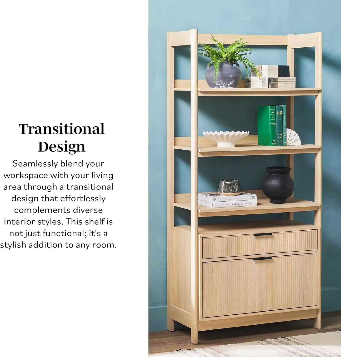 Transitional Open Reeded 4-Shelf Bookshelf with Drawers Versatile Bookcase with Bottom Storage for Home Office