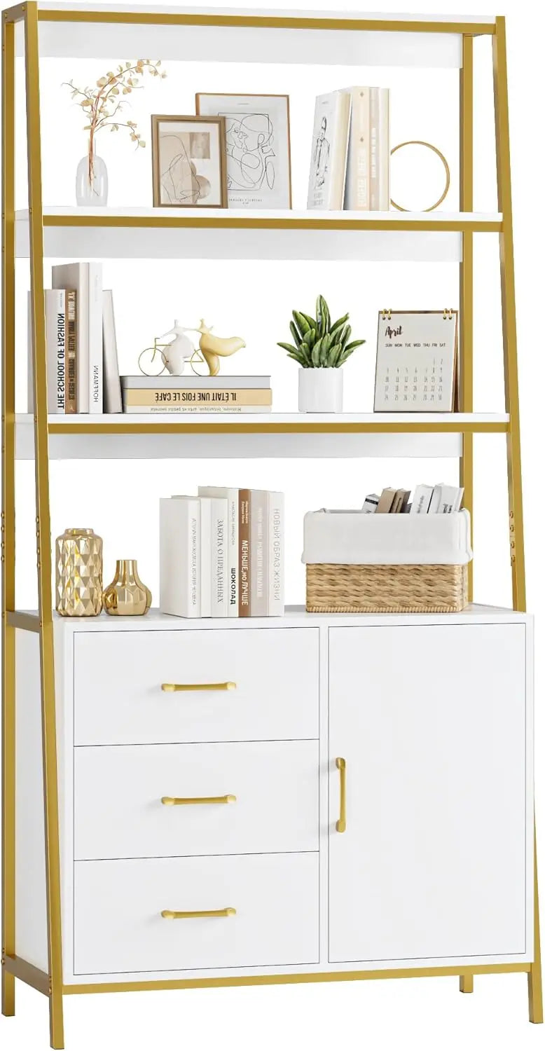 69" Tall Bookshelf, White Gold 4-Tier Bookcase with Wooden Drawers and Ladder Shelves, Free Standing Storage Cabinet Kitchen