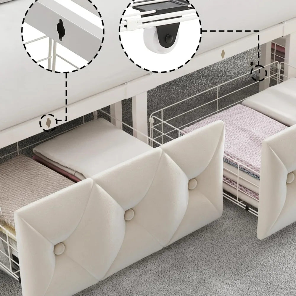 Queen Size Button Tufted Canopy Bed Frame with Storage Drawers and Metal Platform Base