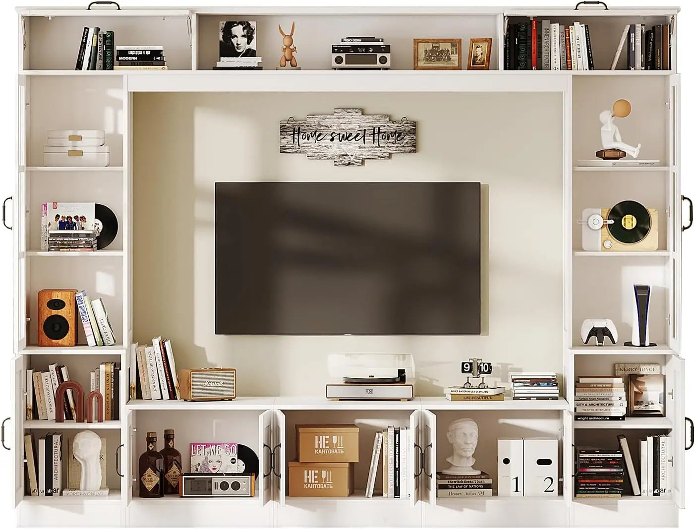 98" W Wall Unit TV Stand with Storage for TVs up to 80",Modern TV Console with LED Lights, Entertainment Center with Bookshelves