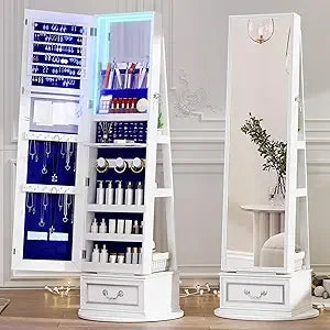Mirror Jewelry Cabinet Standing, 360° Swivel Jewelry Armoire with Full Length Mirror, Lockable Mirror with Jewelry Storage