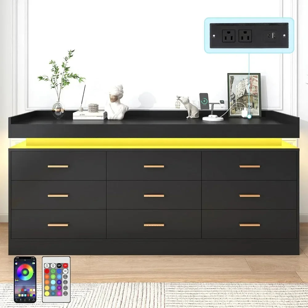 9 Drawer Dresser with Charging Station and LED Lights, Modern Chest of Drawers with Power Outlet, Organizer Cabinet for Bedroom,
