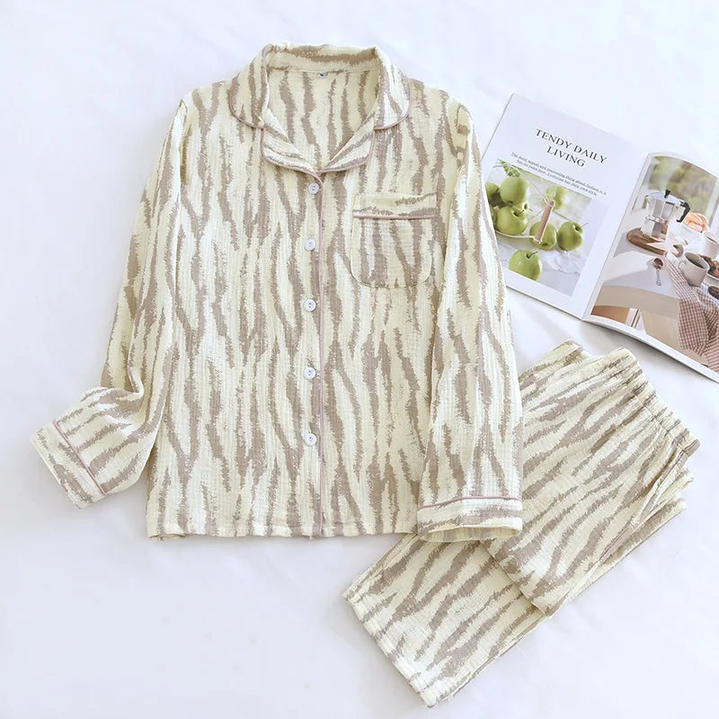 Spring and Autumn Women's Pajama Set 100%/ Cotton Crepe Long Sleeved Pants/ Two Piece/ Cute and Sweet Set Ladies