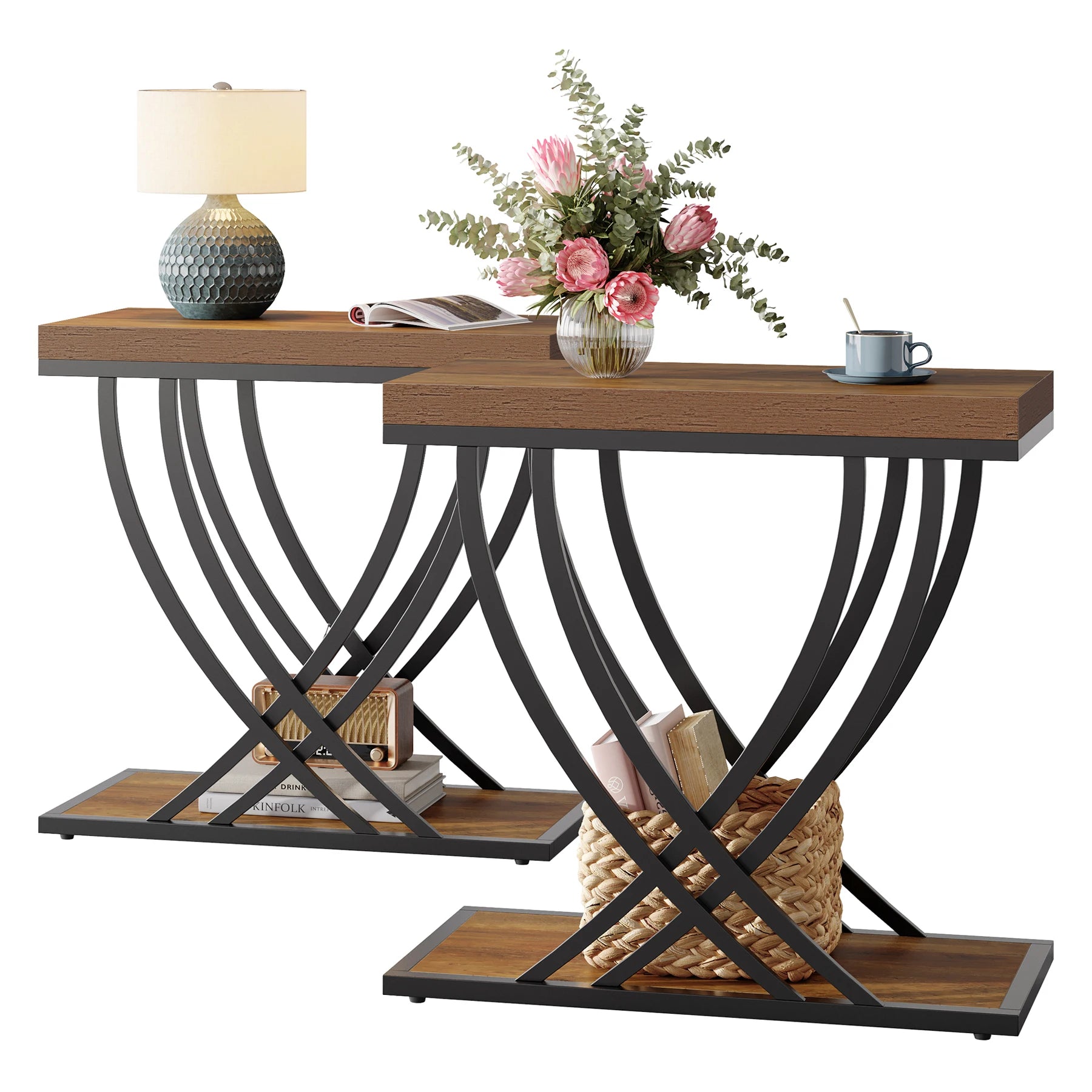 Tribesigns Side Table, 2-Tier Narrow End Table for Living Room, Industrial Nightstand with Metal Frame, Small Bedside Tables for