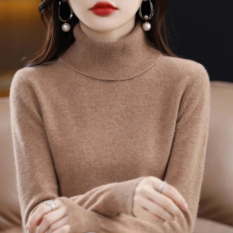 100% Merino Wool Cashmere Sweater Women Knitted Sweater Turtleneck, Long Sleeve Pullovers Autumn/ Winter Clothing