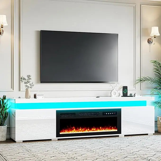 85’’ Fireplace TV Stand for 90 Inch TVs, With LED Lights, High Gloss