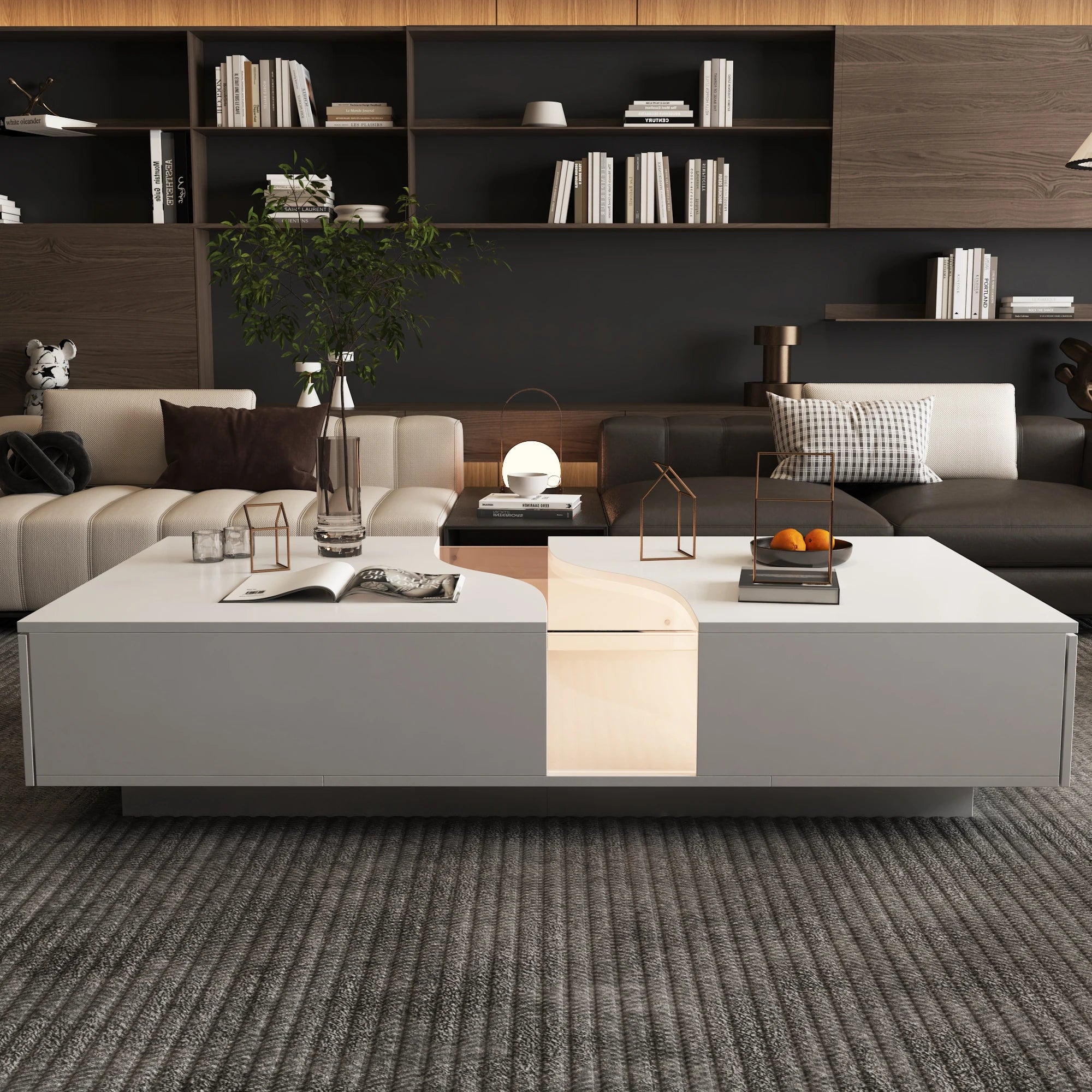 55.1'' Wide Modern Coffee Table With 2 Drawers & LED Lights, Coffee Table With Spacious Tabletop, For Living Room