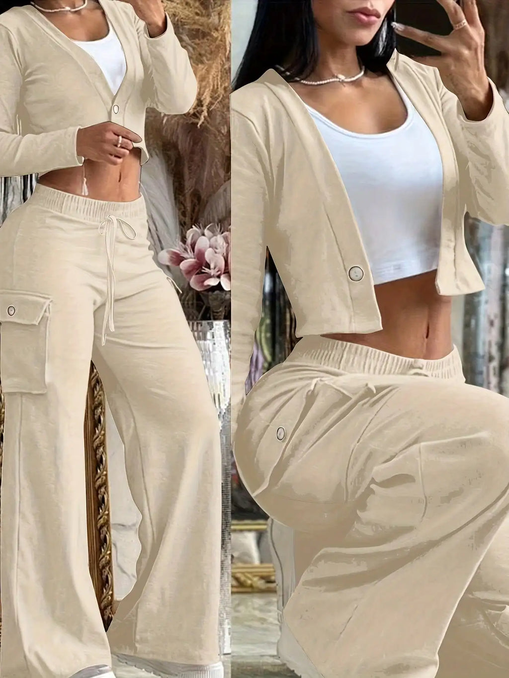 BWQ 2pcs/Set Women Popular Orange Knit Cardigan & Cargo Pant | V-Neck Button-Up Top Pants With Drawstring Waist | Elegant Casual