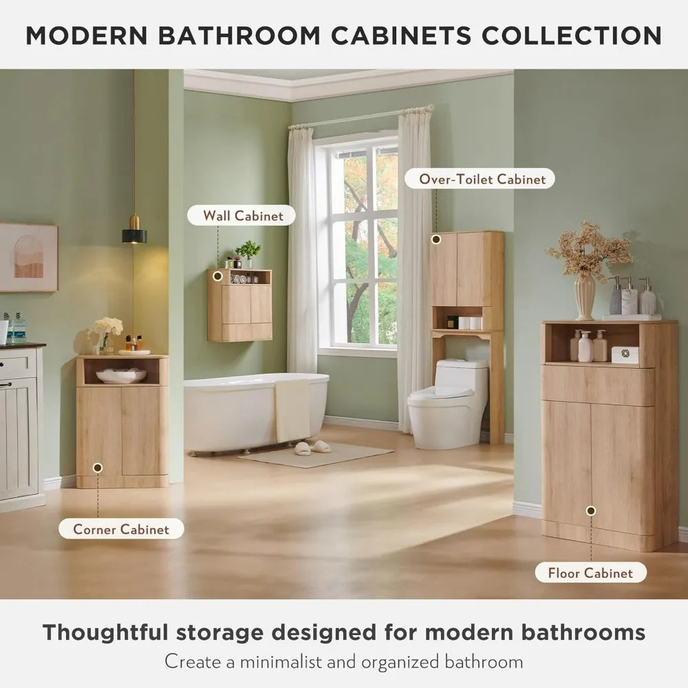 67 Tall Wooden Bathroom Storage Cabinet with Adjustable Shelves and Handle-Free Double Doors