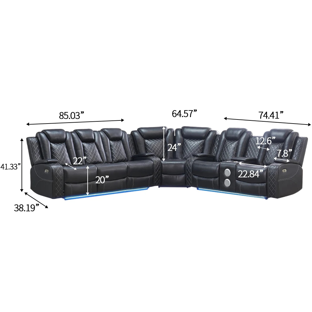 Power Reclining Sofa Couch with Wireless Charger/ 3 Seater Recliner/Reading Light Leather/ Bluetooth Speaker/ Theater Seating LED