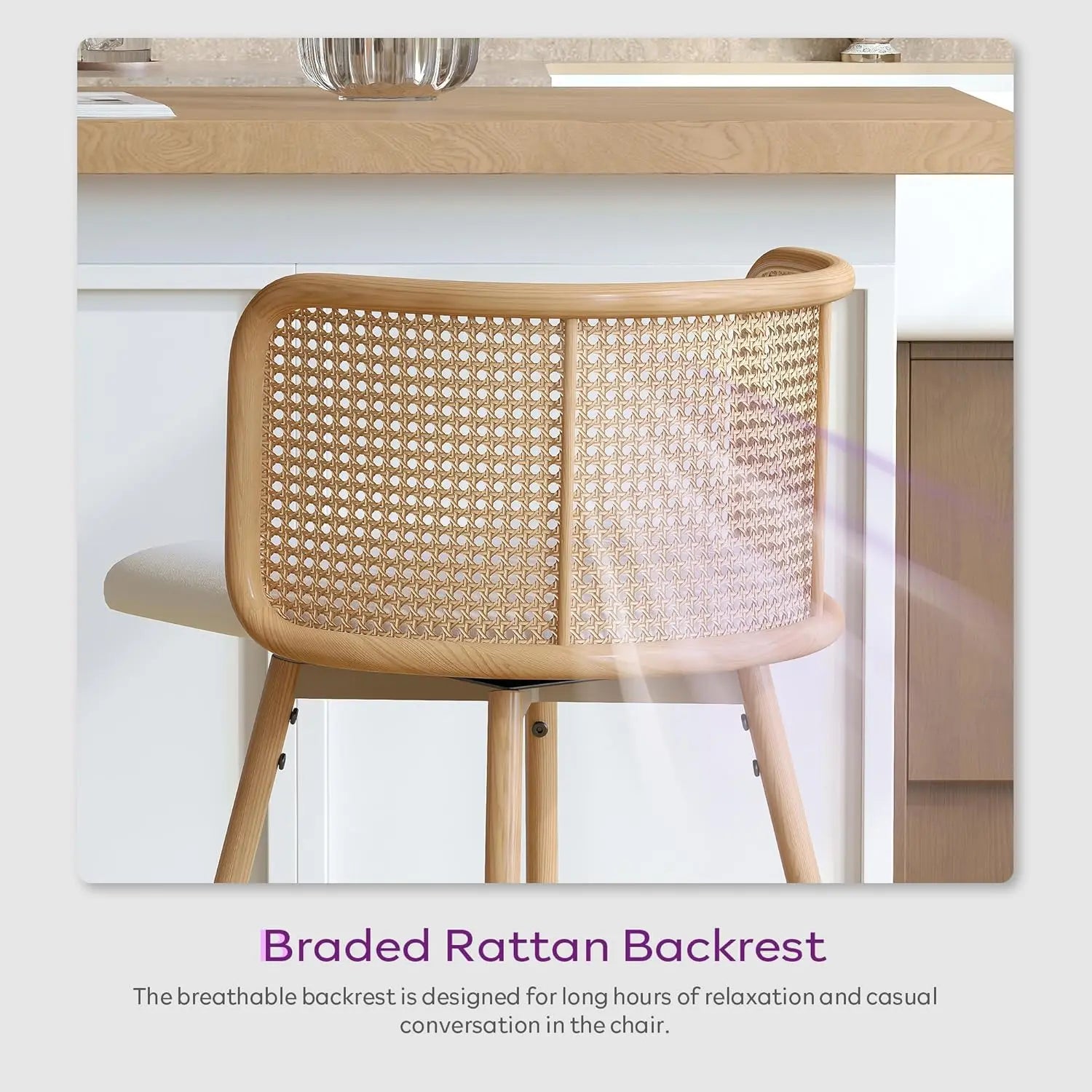 NEW Swivel Rattan Bar Stools Set of 2, 26” Counter Height Stools with Natural Rattan Woven Back and Faux Leather Seat