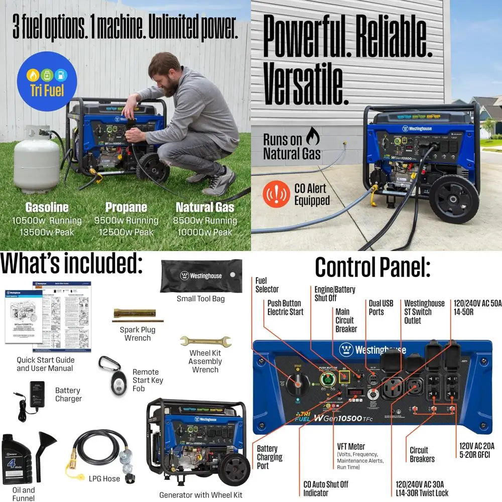 Westinghouse 13500W Tri-Fuel Portable Home Backup Generator with Remote Electric Start and Transfer Switch Capability