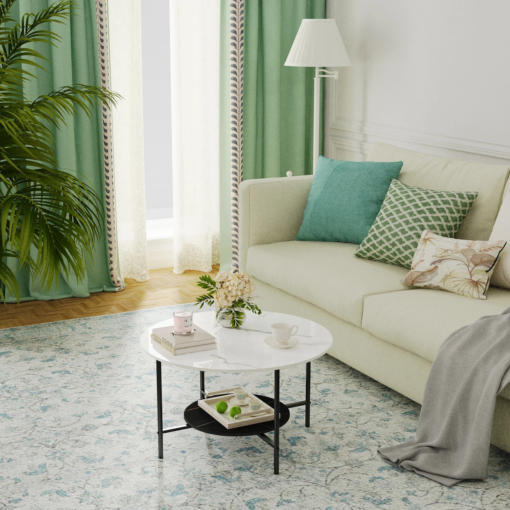 2 Tier Round Coffee Table Modern High End Sintered Stone Desk Home Furniture Table Metal Frame for Living Room, Bedroom