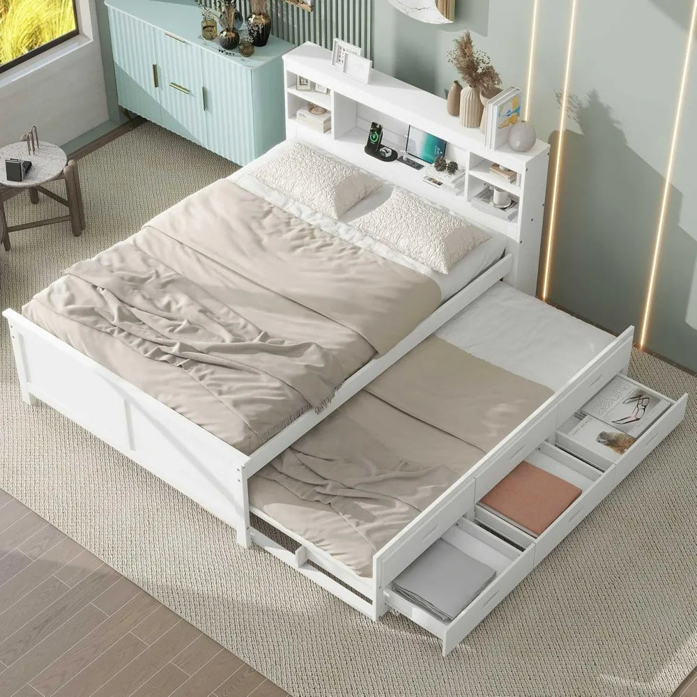 White Full Size Platform Bed with Storage, USB Ports, Wood Frame, Twin Trundle, and 3 Drawers