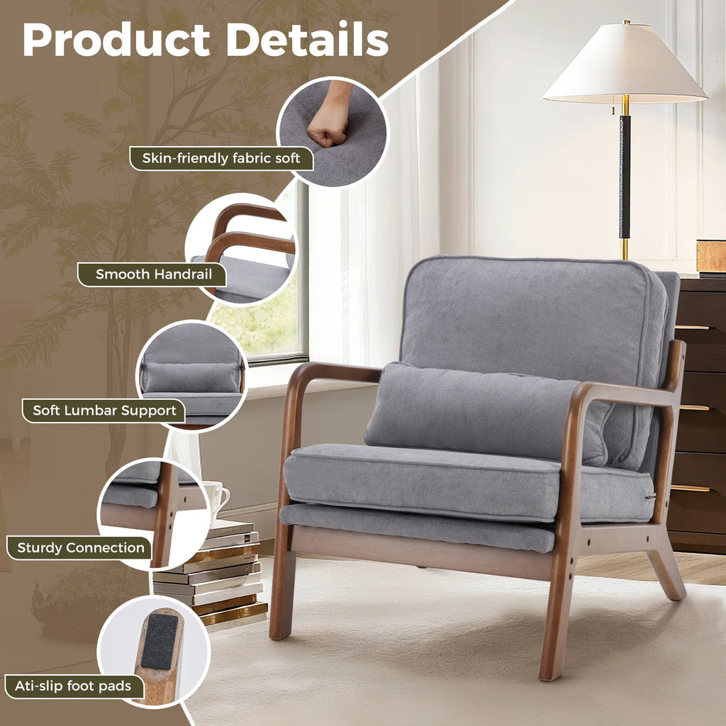 Solid Wooden Frame Accent Chair with Arms and Waist Cushion, Reading Chairs for Adults, Lounge Chair