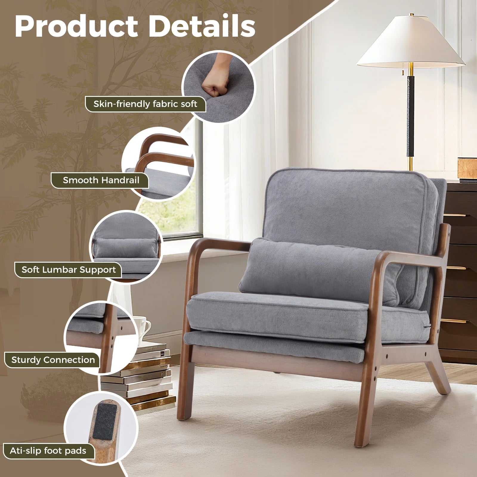 Solid Wooden Frame Accent Chair with Arms and Waist Cushion, Reading Chairs for Adults, Lounge Chair