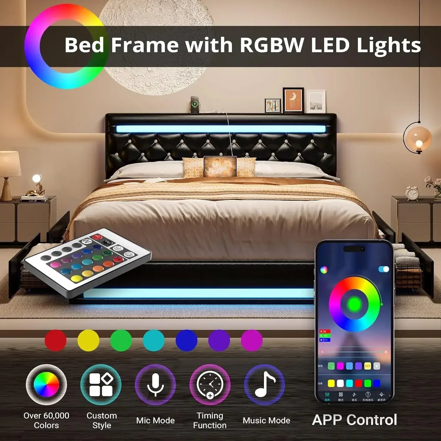 Full Size Bed Frame with LED Light, Leather Platform Bed Frame