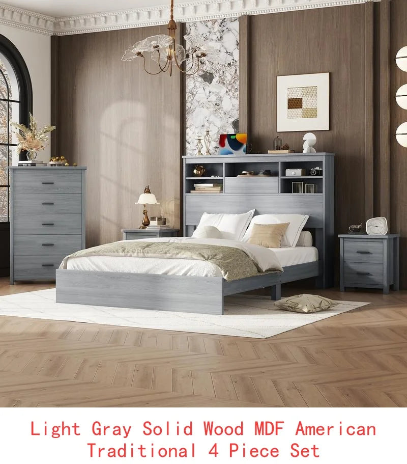 Vintage Queen Bedroom Set, 4 Pieces - Wooden Bed Frame, 2 Nightstands & 1 Dresser in White Finish