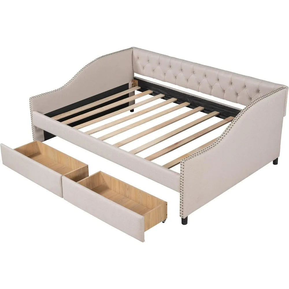 Full Size Linen Daybed with Diamond Tufted Backrest, Armrests, and Two Drawers for Guest and Bedroom Use