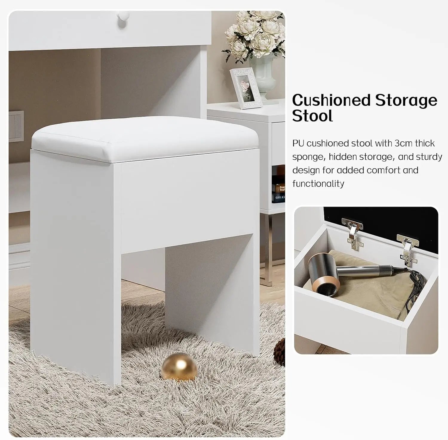 Vanity Desk with Mirror and Lights, White with Power Outlet and 3 Color Light Modes