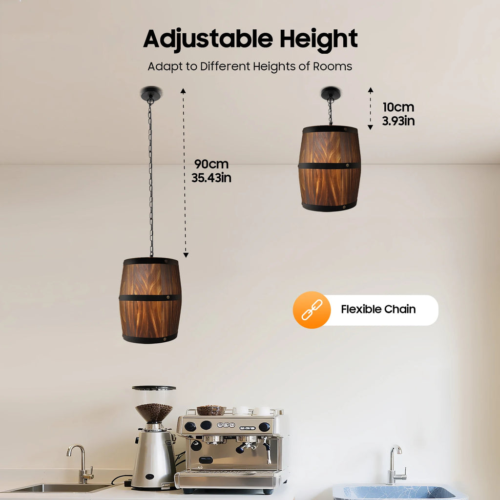 Vintage Wooden Barrel Chandelier Industrial Farmhouse Hanging Ceiling Light with Adjustable Chain