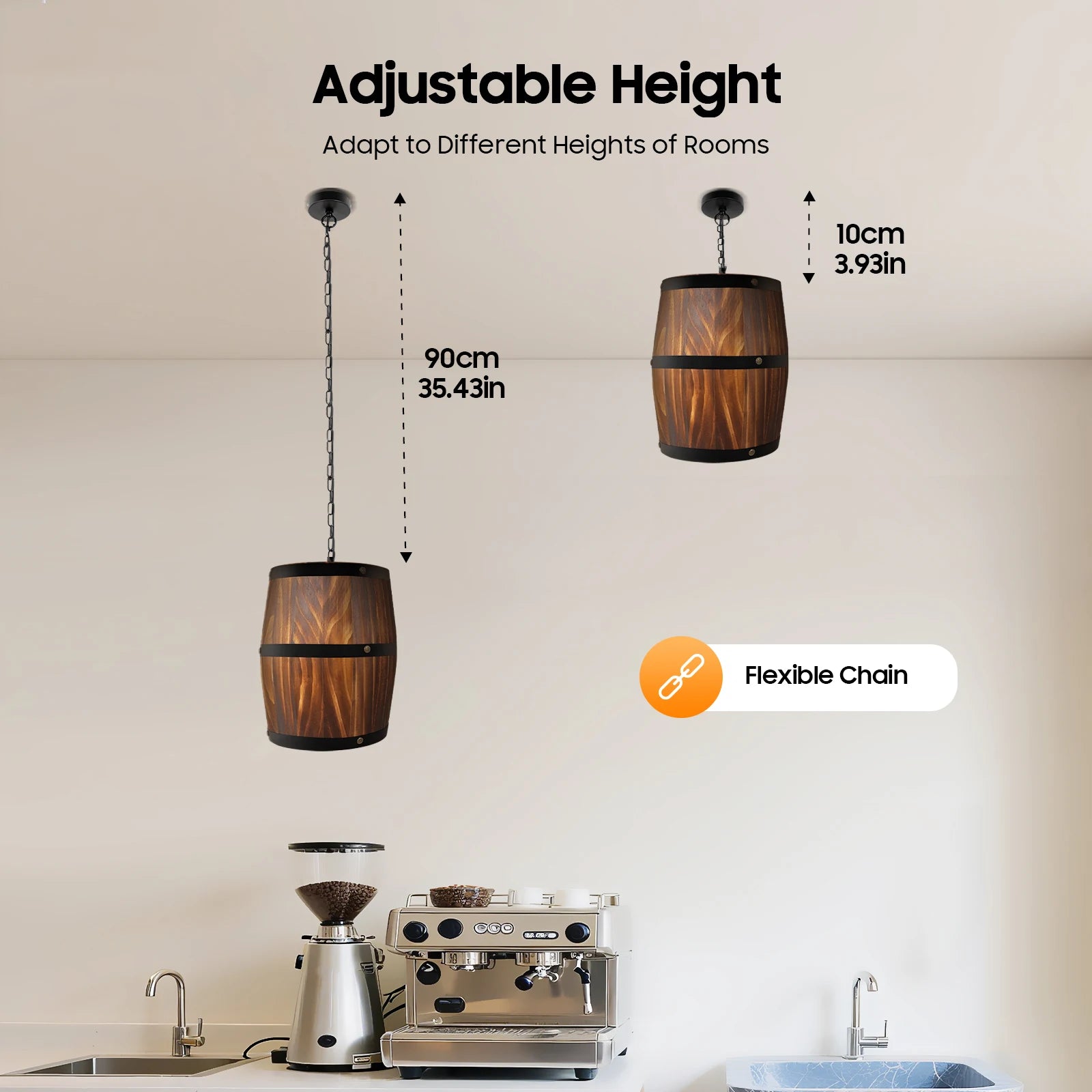Vintage Wooden Barrel Chandelier Industrial Farmhouse Hanging Ceiling Light with Adjustable Chain