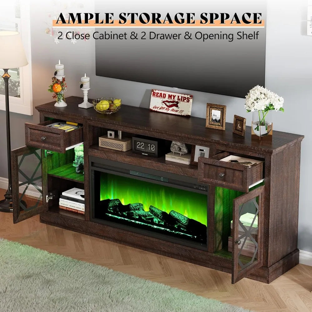 Farmhouse 70" Fireplace TV Stand with 37" Fireplace, Large LED Media Entertainment Center for 80" TVs, 31" Tall Highboy TV Console