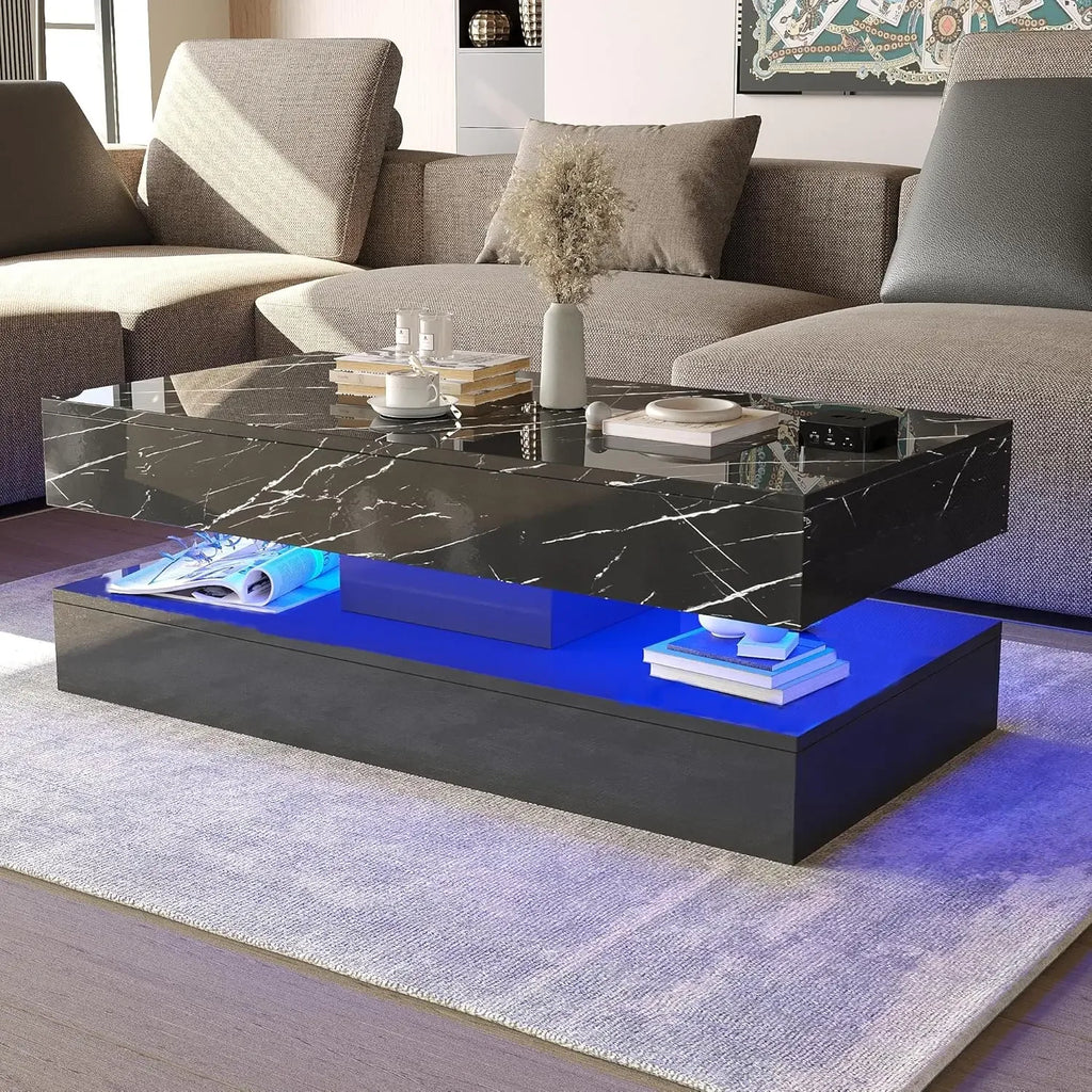 LED Coffee Table with Storage Drawers, Modern High Gloss Coffee Table  LED Lights,  Rectangle Center Table