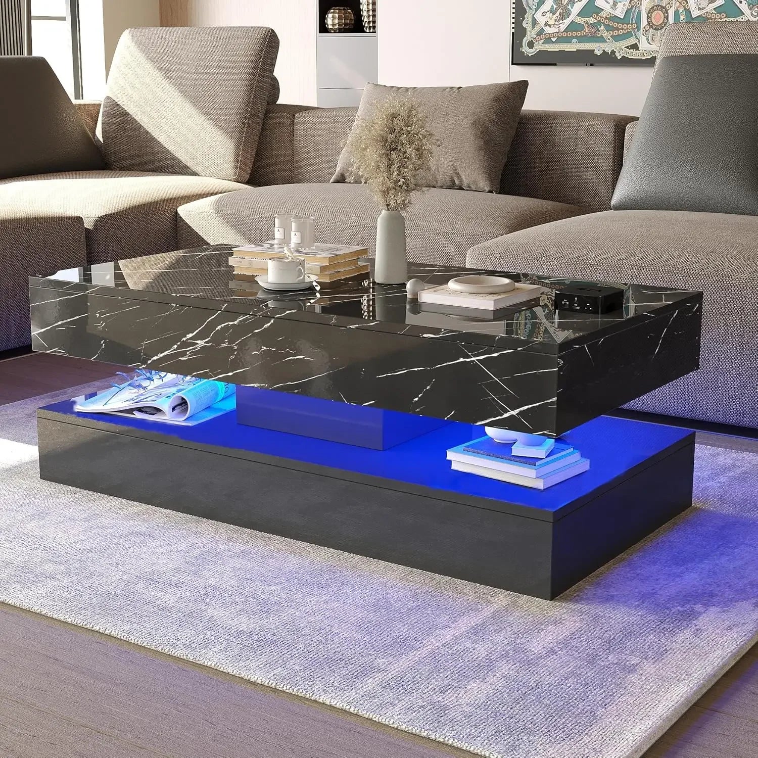 LED Coffee Table with Storage Drawers, Modern High Gloss Coffee Table  LED Lights,  Rectangle Center Table
