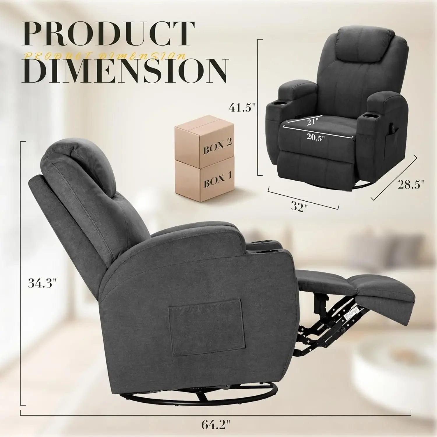 Recliner Chair, 360° Swivel Rocker Chair for Adults, Rocking Recliner Chair with Massage, Comfy with Side Pockets