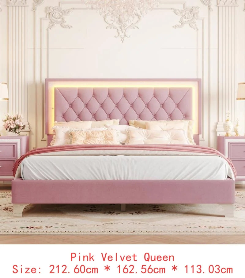 3-Piece Bedroom Set, Queen Size Upholstered Bed with LED Lighting & 2 Nightstands, Pink Upholstered Platform Bed