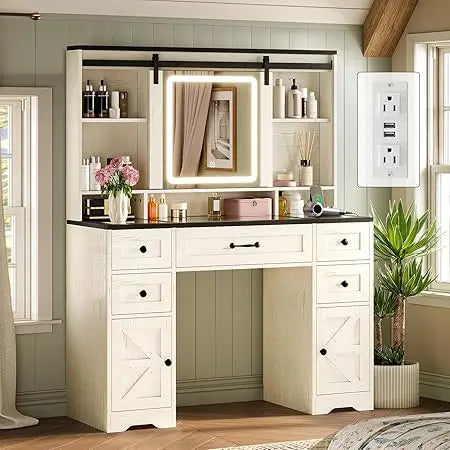 Rustic Farmhouse Style Vanity Desk with Glass Top, Sliding Lighted Mirror, and Built-in Power Outlet