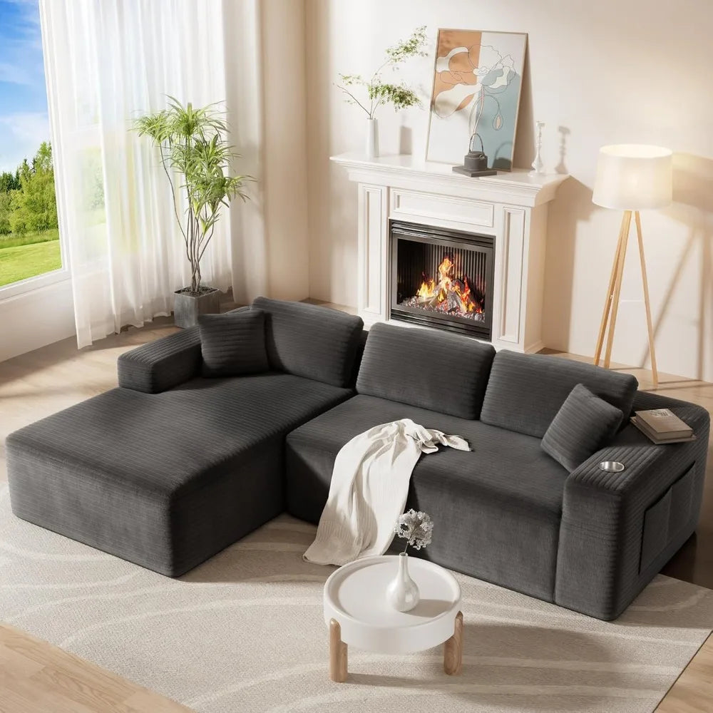 Compressed Modular L-Shaped Sofa with Deep Seating, Cloud Sectional Couch in a Single Box, Corduroy Fabric