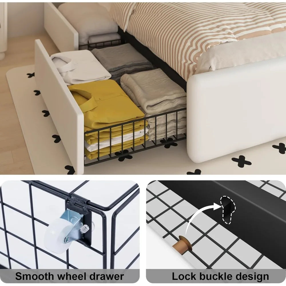 Full Bed Frame with 4 Storage Drawers and Adjustable Headboard, Upholstered Platform Bed with LED Lights and USB Ports
